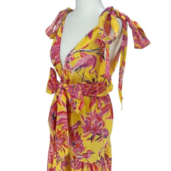 Banjanan Carnation Flamingo Rhododendron Ruffle Maxi Dress Size Small Yellow - Picture 6 of 13